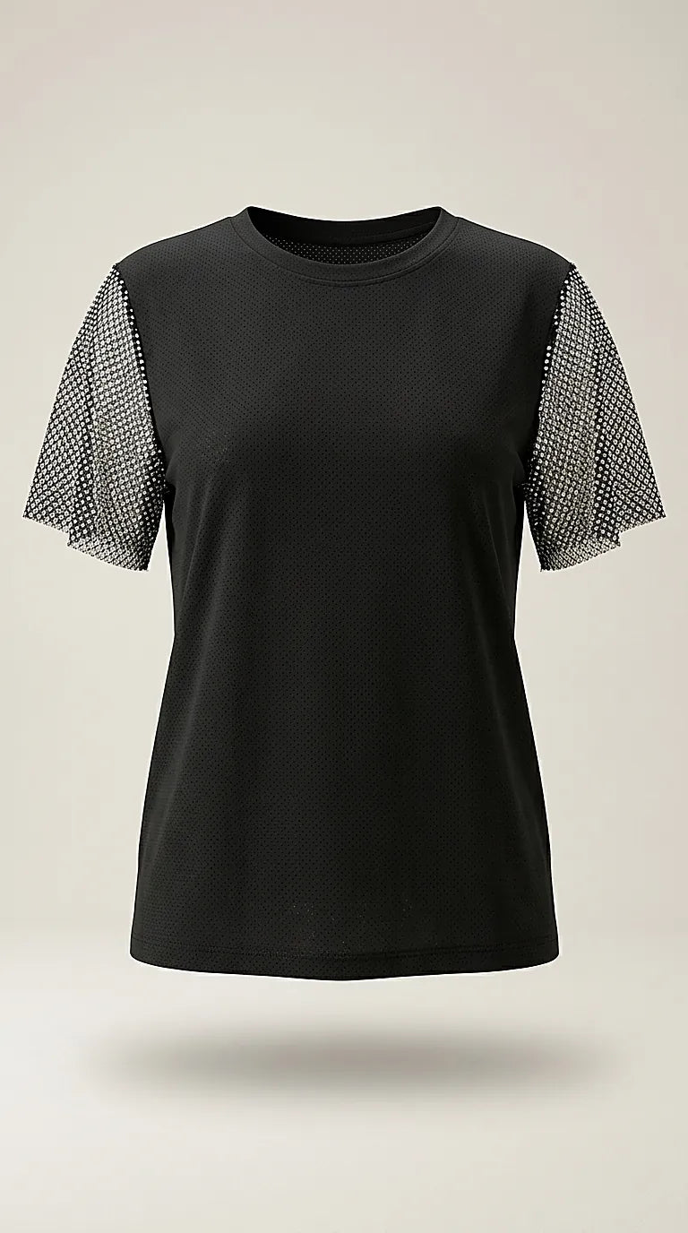 Bluză neagră dalef elegantă cu mâneci scurte cu paiete strălucitoare, top casual de damă pentru ocazii speciale | Mira Style