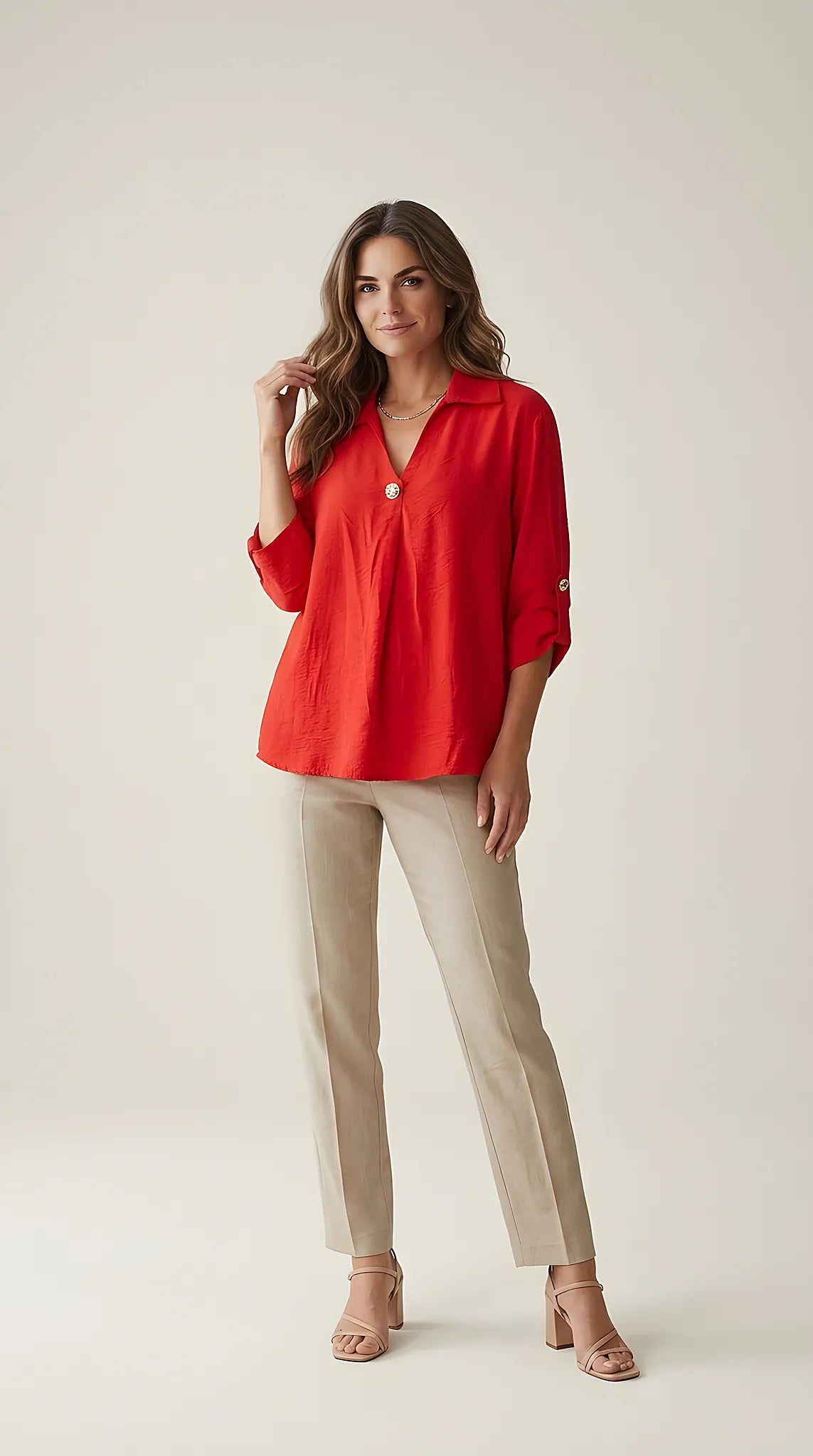 Bluză roșie elegantă de damă italy moda, cu guler și nasture auriu decorativ, mâneci 3/4 cu cătușă, stil casual-chic | Mira Style