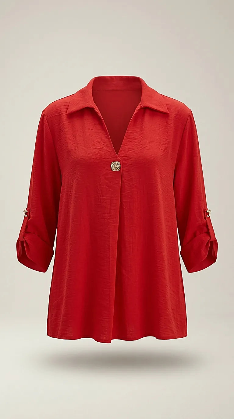 Bluză roșie elegantă de damă italy moda, cu guler și nasture auriu decorativ, mâneci 3/4 cu cătușă, stil casual-chic | Mira Style