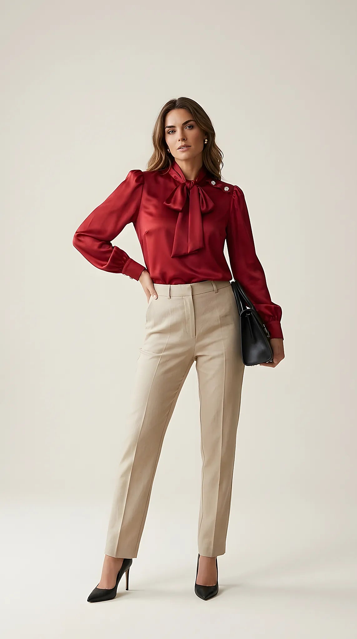 Bluză roșie elegantă din satin cu fundă la gât și nasturi bijuterie pe umăr | Mira Style