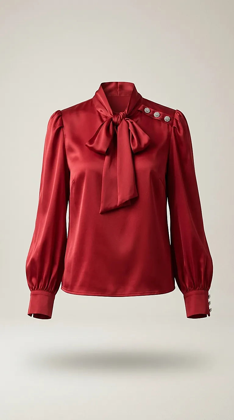 Bluză roșie elegantă din satin cu fundă la gât și nasturi bijuterie pe umăr | Mira Style