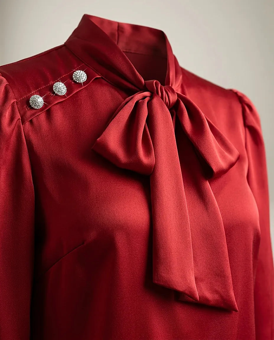 Bluză roșie elegantă din satin cu fundă la gât și nasturi bijuterie pe umăr