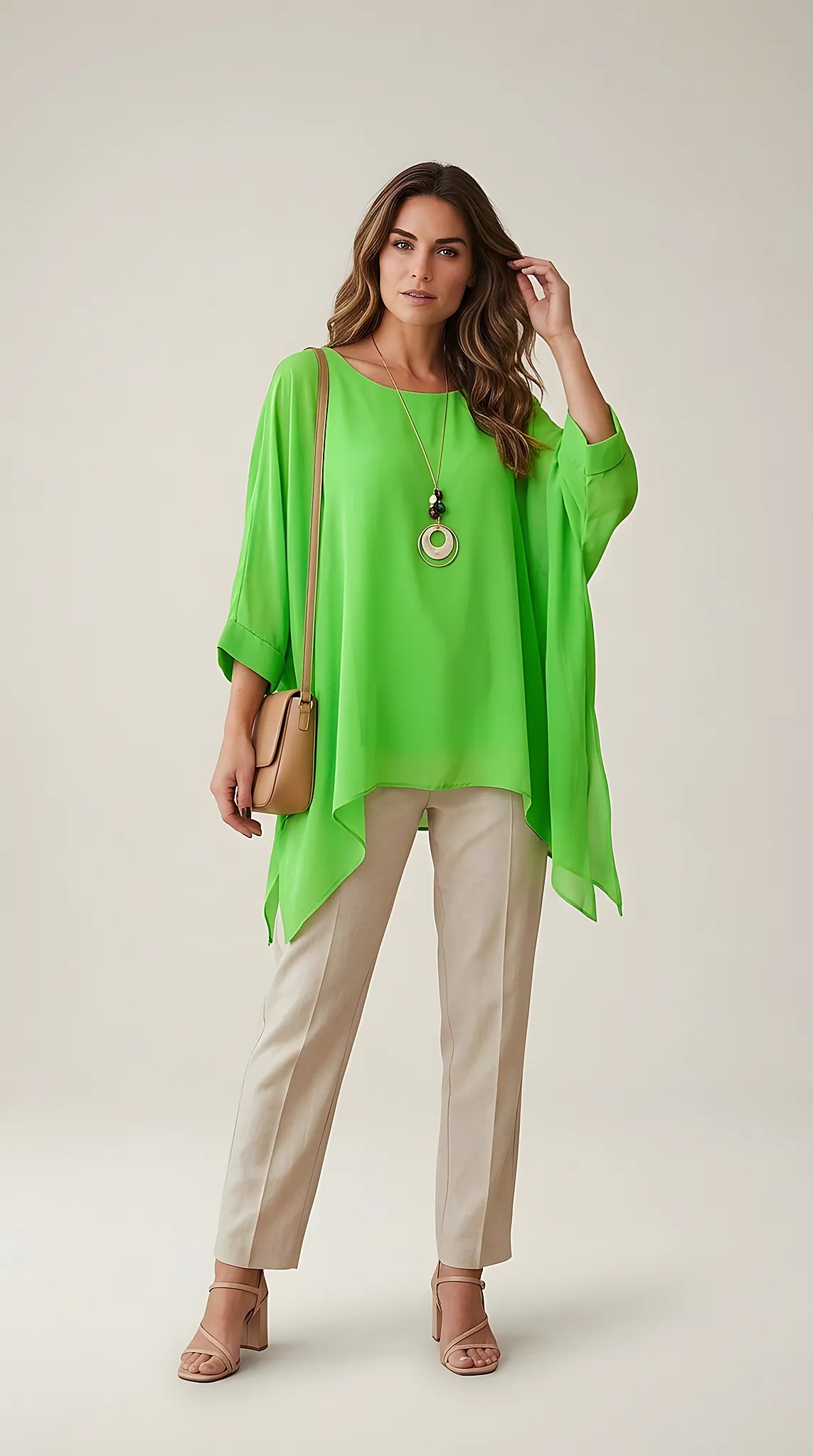Bluză vaporoasă asimetrică verde neon pentru femei, tunică elegantă stil poncho cu mâneci suflecate | Mira Style