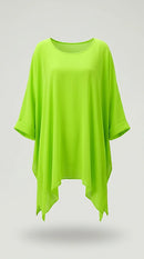 Bluză vaporoasă asimetrică verde neon pentru femei, tunică elegantă stil poncho cu mâneci suflecate