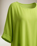 Bluză vaporoasă asimetrică verde neon pentru femei, tunică elegantă stil poncho cu mâneci suflecate