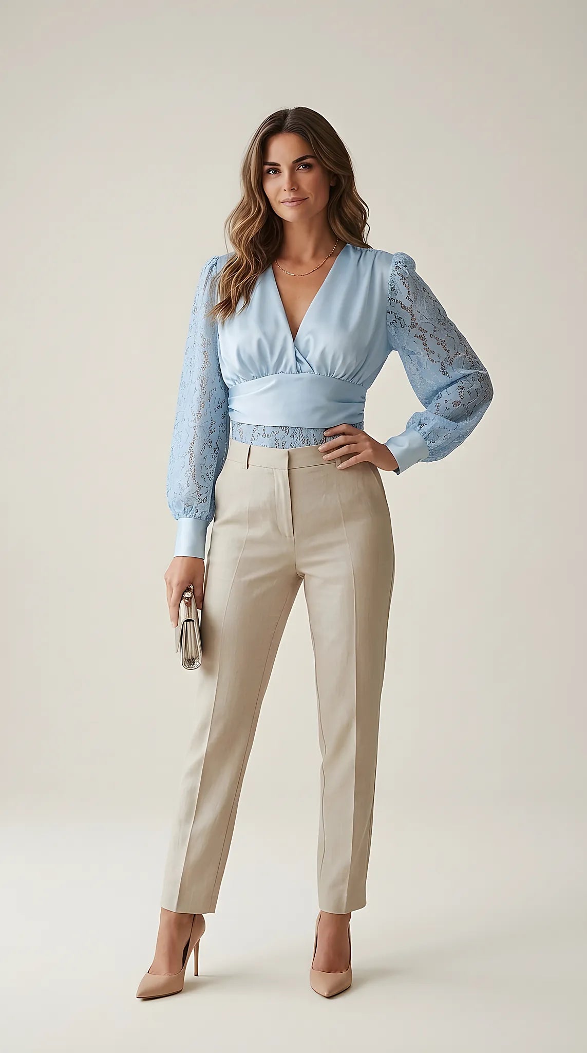 Body elegant de damă bleu cu mâneci lungi din dantelă și decolteu în v, top tip bluză satinată de ocazie