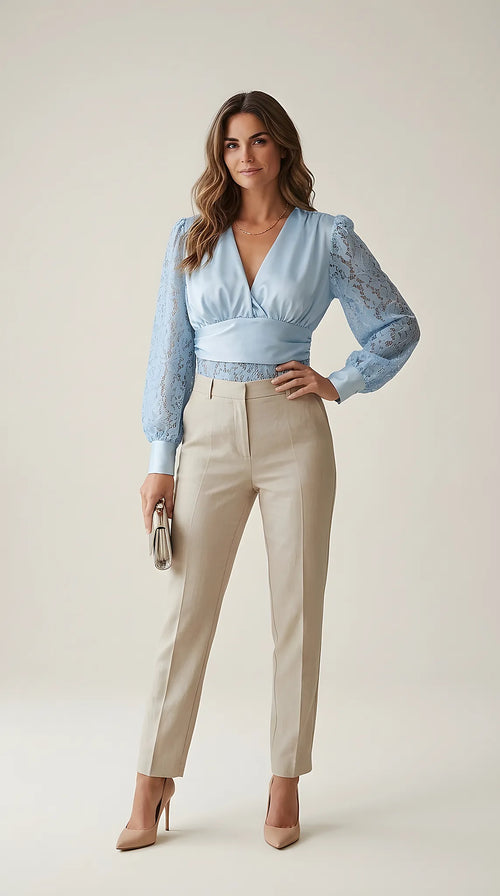 Body elegant de damă bleu cu mâneci lungi din dantelă și decolteu în v, top tip bluză satinată de ocazie