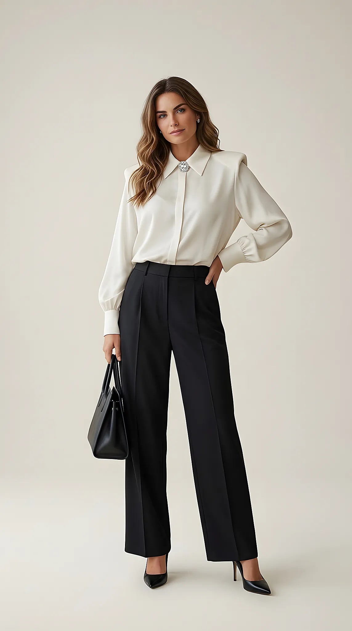 Cămașă albă elegantă cu umeri structurați și broșă tip bijuterie | Mira Style