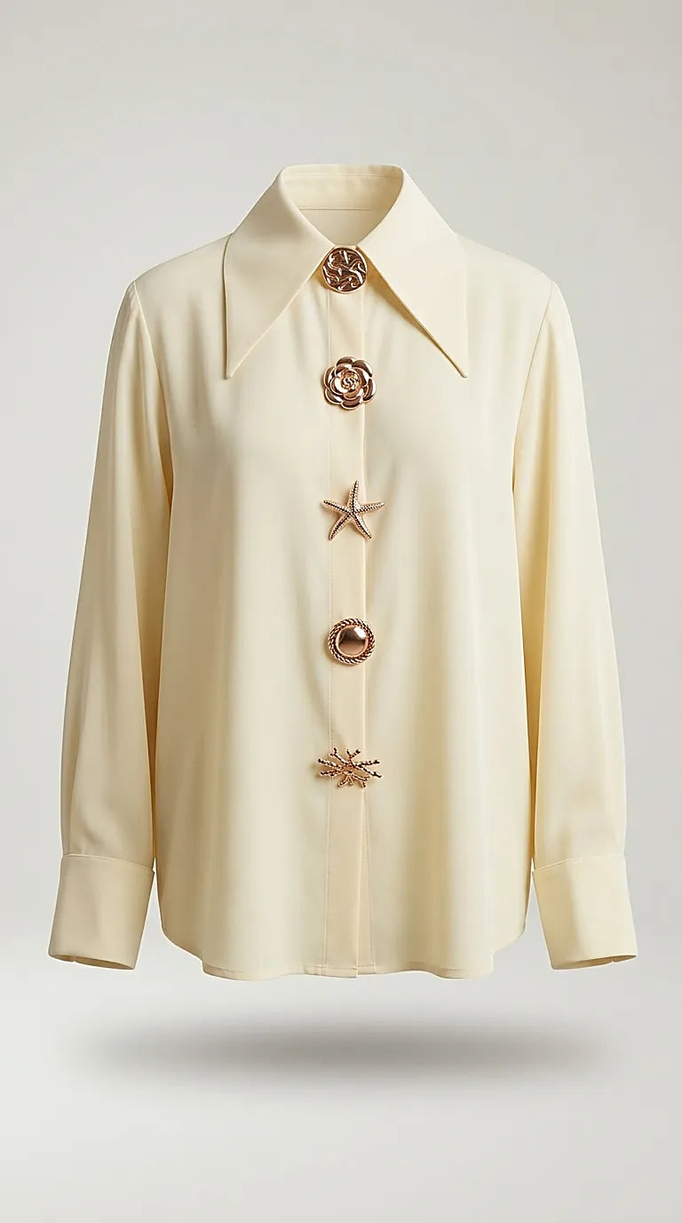 Cămașă galben pai elegantă pentru femei cu nasturi bijuterie supradimensionați - stil statement unic | Mira Style
