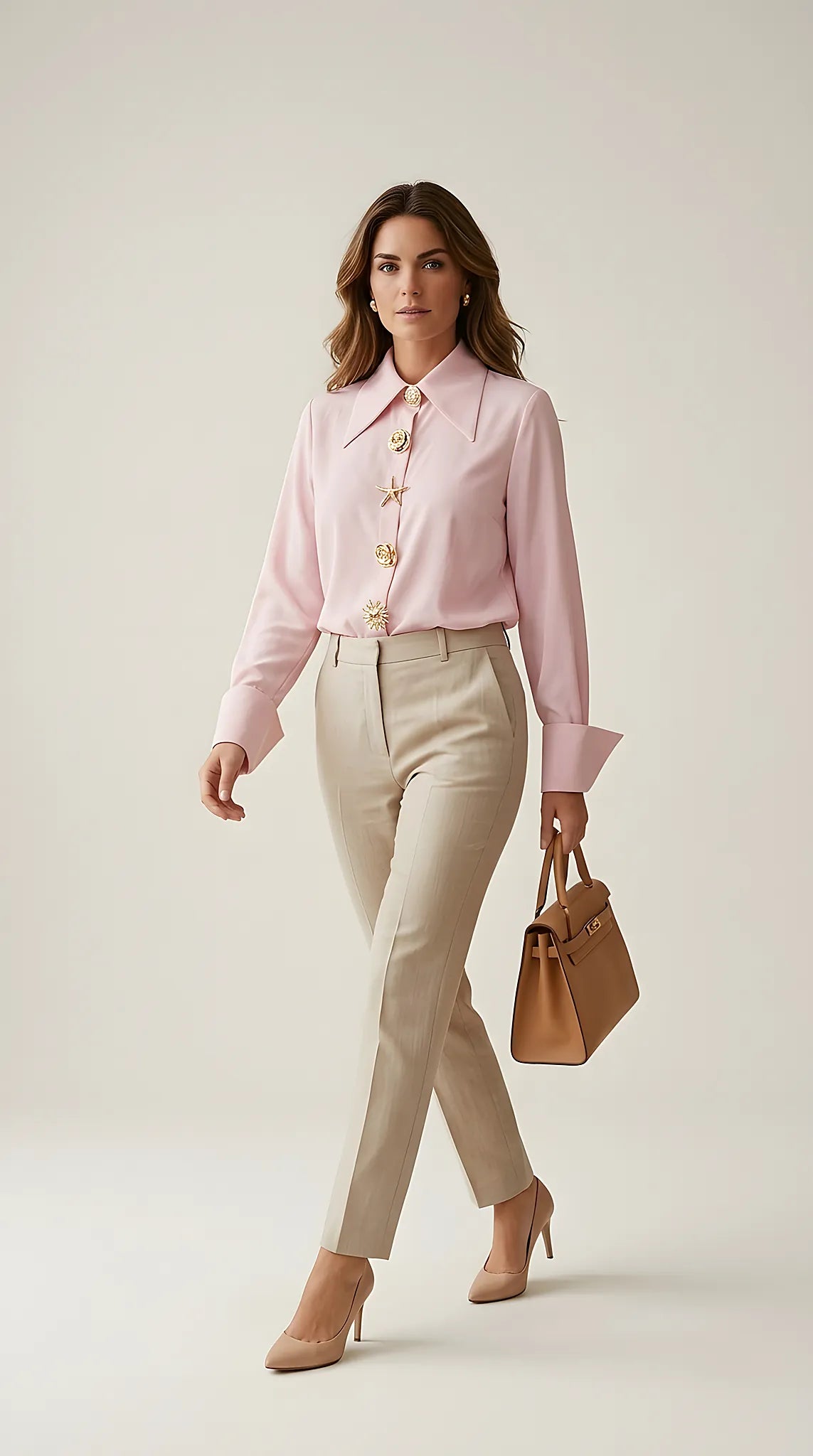 Cămașă damă elegantă roz pudra cu nasturi aurii bijuterie, guler ascutit si mansete late | Mira Style