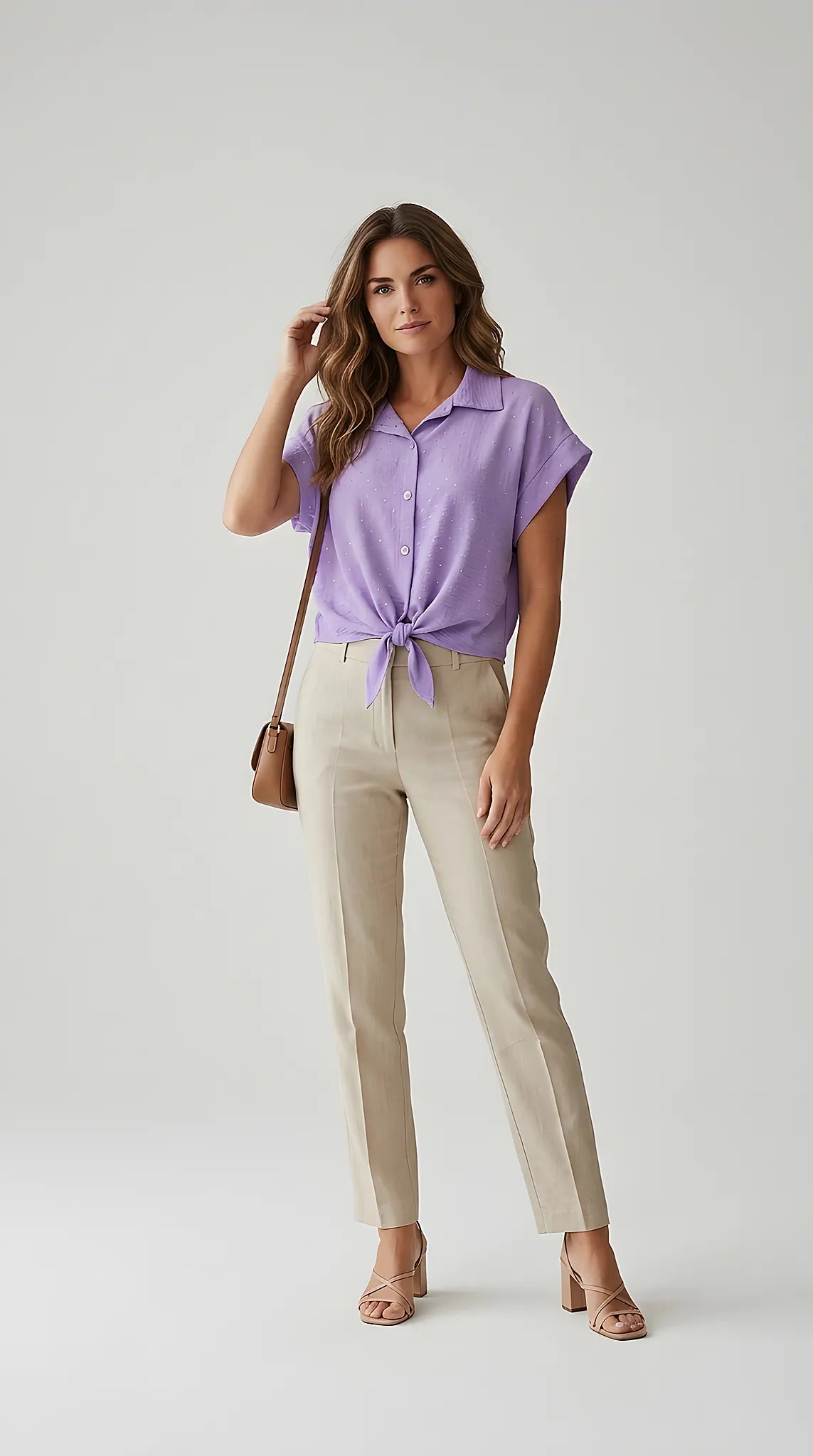 Cămașă damă mov lavandă cu nod în față și mânecă scurtă, textură creponată cu inserții strălucitoare argintii, stil casual-chic de vară | Mira Style