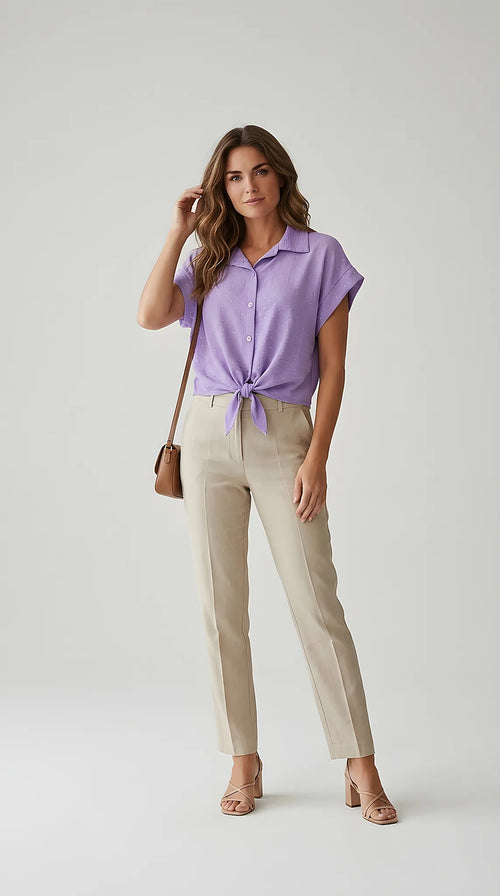 Cămașă damă mov lavandă cu nod în față și mânecă scurtă, textură creponată cu inserții strălucitoare argintii, stil casual-chic de vară