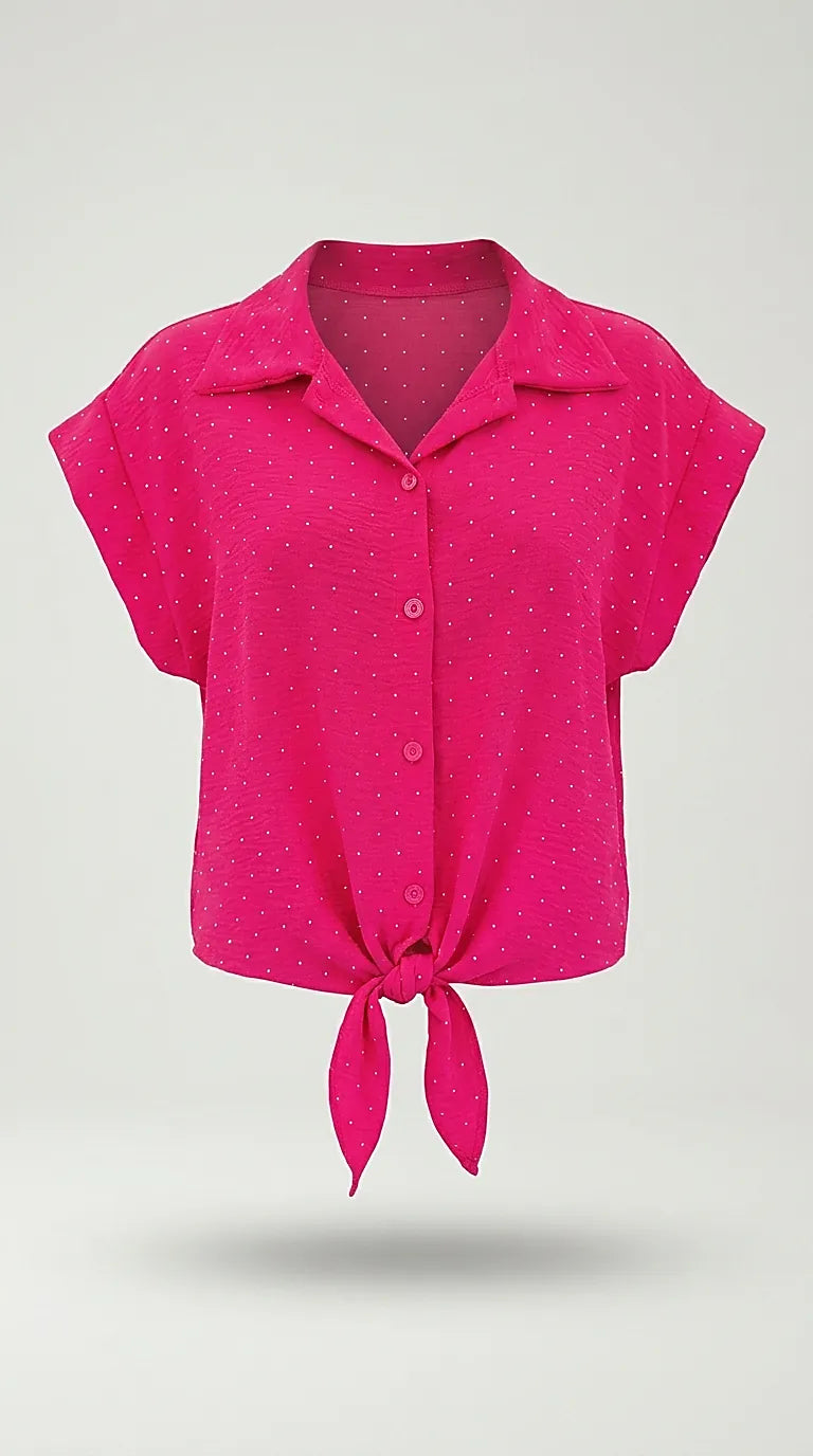 Cămașă de damă elegantă fuchsia cu detalii strălucitoare , mânecă scurtă și nod în talie, stil casual-chic | Mira Style