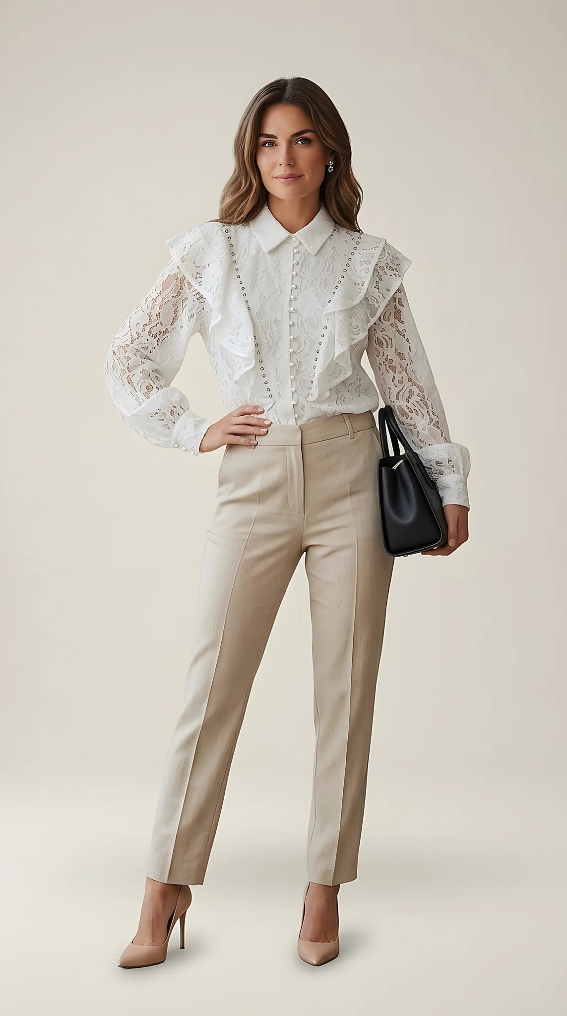 Cămașă elegantă albă din dantelă cu volane și aplicații cu perle și ținte | Mira Style