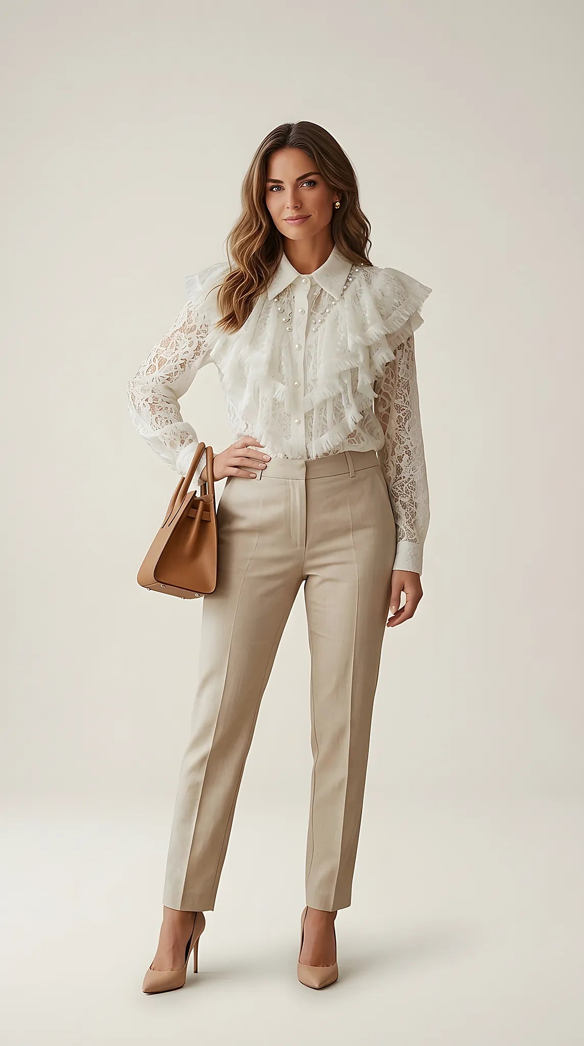 Cămașă elegantă albă din dantelă cu volane și perle decorative, mânecă lungă, stil romantic | Mira Style
