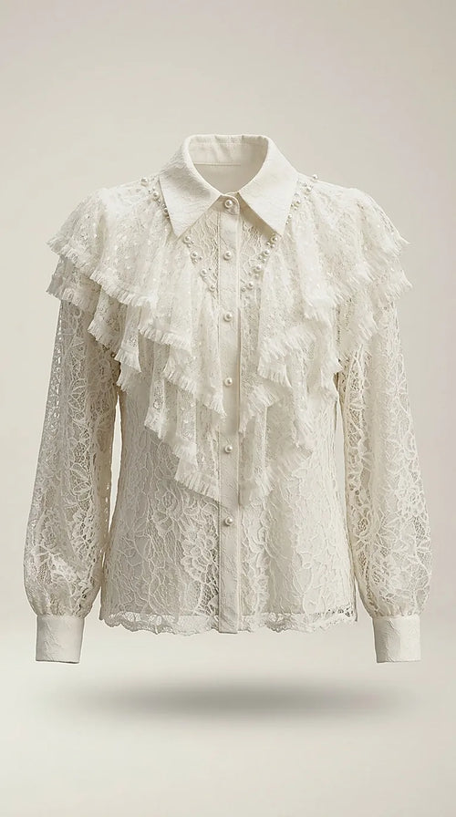 Cămașă elegantă albă din dantelă cu volane și perle decorative, mânecă lungă, stil romantic