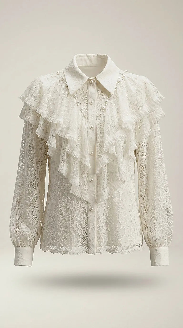 Cămașă elegantă albă din dantelă cu volane și perle decorative, mânecă lungă, stil romantic