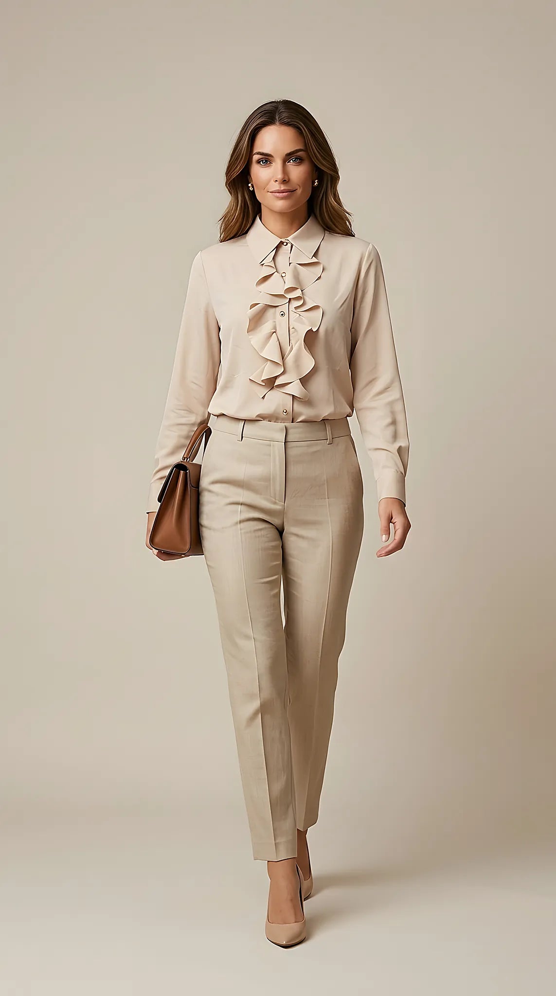 Cămașă elegantă de damă bej cu jabou și nasturi metalici, bluză office cu volane și mânecă lungă | Mira Style