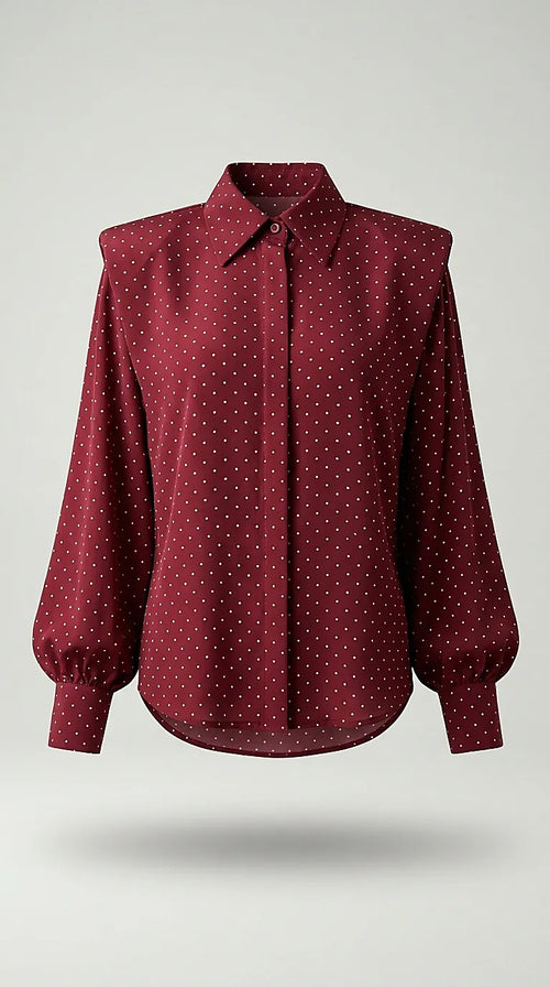 Cămașă elegantă de damă bordo cu detalii strălucitoare, mânecă lungă și umeri structurați, stil vintage chic
