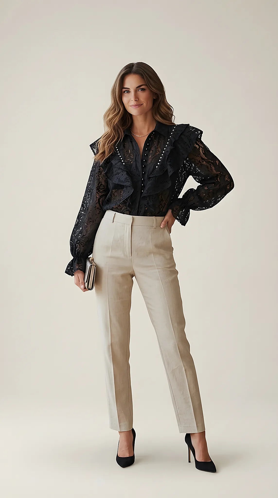 Cămașă elegantă de damă din dantelă neagră cu volane si aplicații strălucitoare, bluză cu mânecă lungă si guler pentru ocazii speciale | Mira Style