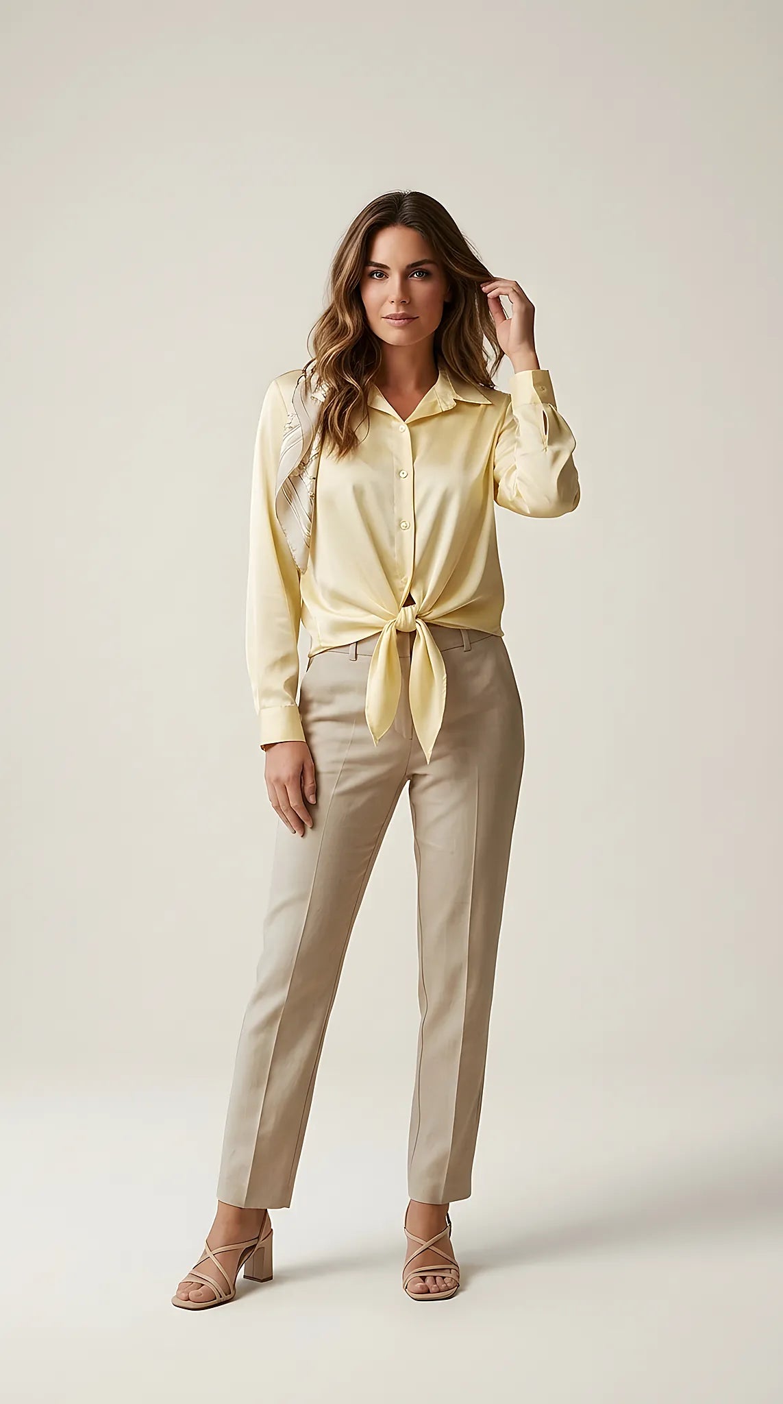 Cămașă elegantă de damă galben pai cu nod în față, mânecă lungă, din material satinat, stil casual-chic | Mira Style