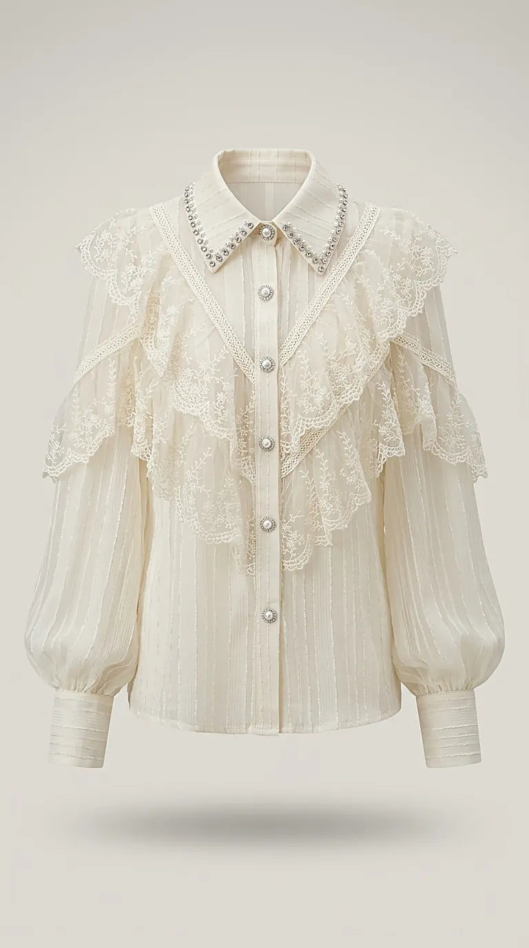 Cămașă elegantă de damă ivory cu dantelă și volane, guler decorat cu perle și cristale, stil romantic victorian | Mira Style
