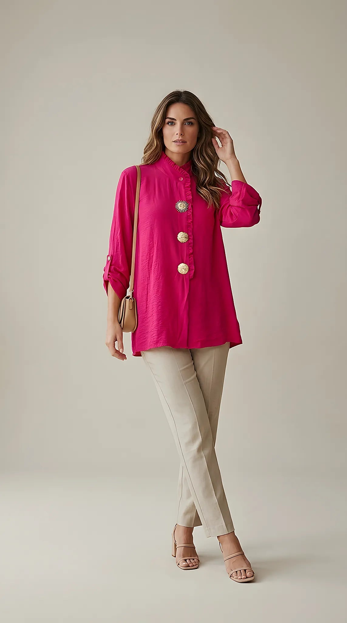 Cămașă elegantă fucsia cu guler înalt și volănașe, bluză de damă cu nasturi aurii decorativi | Mira Style