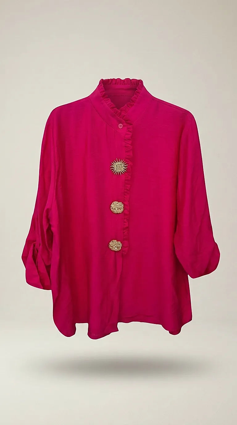 Cămașă elegantă fucsia cu guler înalt și volănașe, bluză de damă cu nasturi aurii decorativi | Mira Style