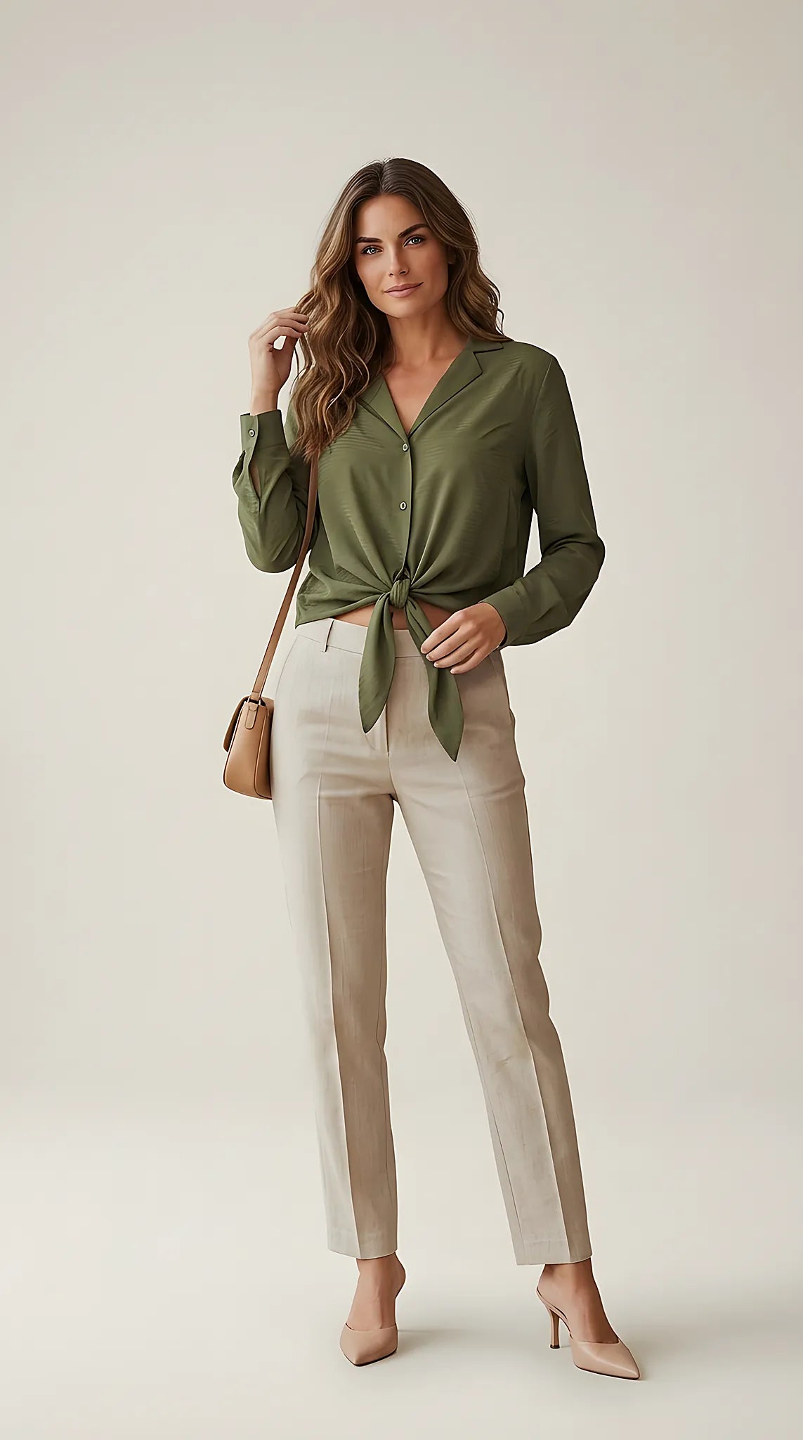Cămașă elegantă verde olive cu nod în talie, bluză de damă cu mânecă lungă sisters point pentru un look casual-chic | Mira Style