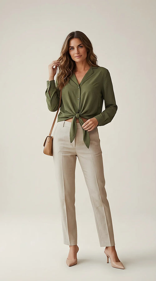 Cămașă elegantă verde olive cu nod în talie, bluză de damă cu mânecă lungă sisters point pentru un look casual-chic