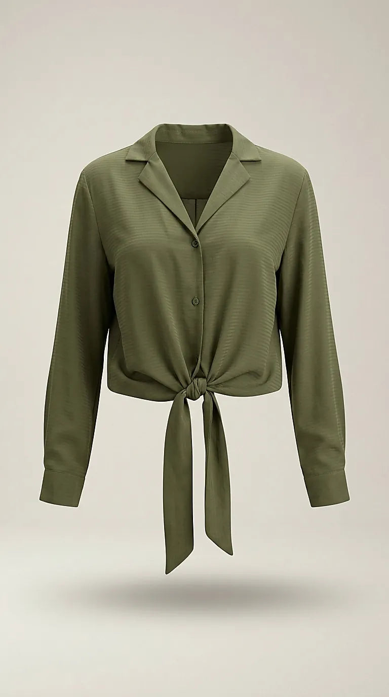 Cămașă elegantă verde olive cu nod în talie, bluză de damă cu mânecă lungă sisters point pentru un look casual-chic | Mira Style