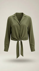 Cămașă elegantă verde olive cu nod în talie, bluză de damă cu mânecă lungă sisters point pentru un look casual-chic
