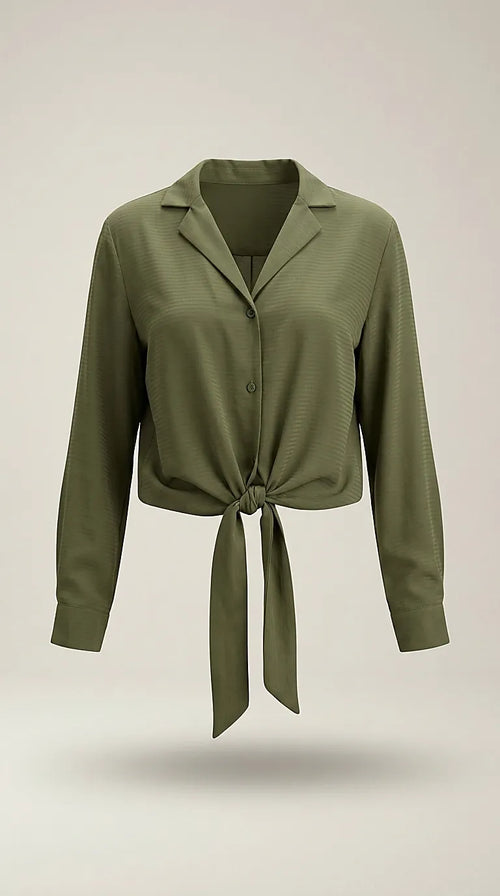 Cămașă elegantă verde olive cu nod în talie, bluză de damă cu mânecă lungă sisters point pentru un look casual-chic