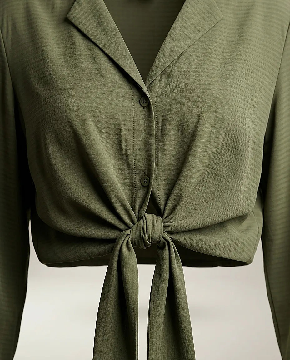 Cămașă elegantă verde olive cu nod în talie, bluză de damă cu mânecă lungă sisters point pentru un look casual-chic