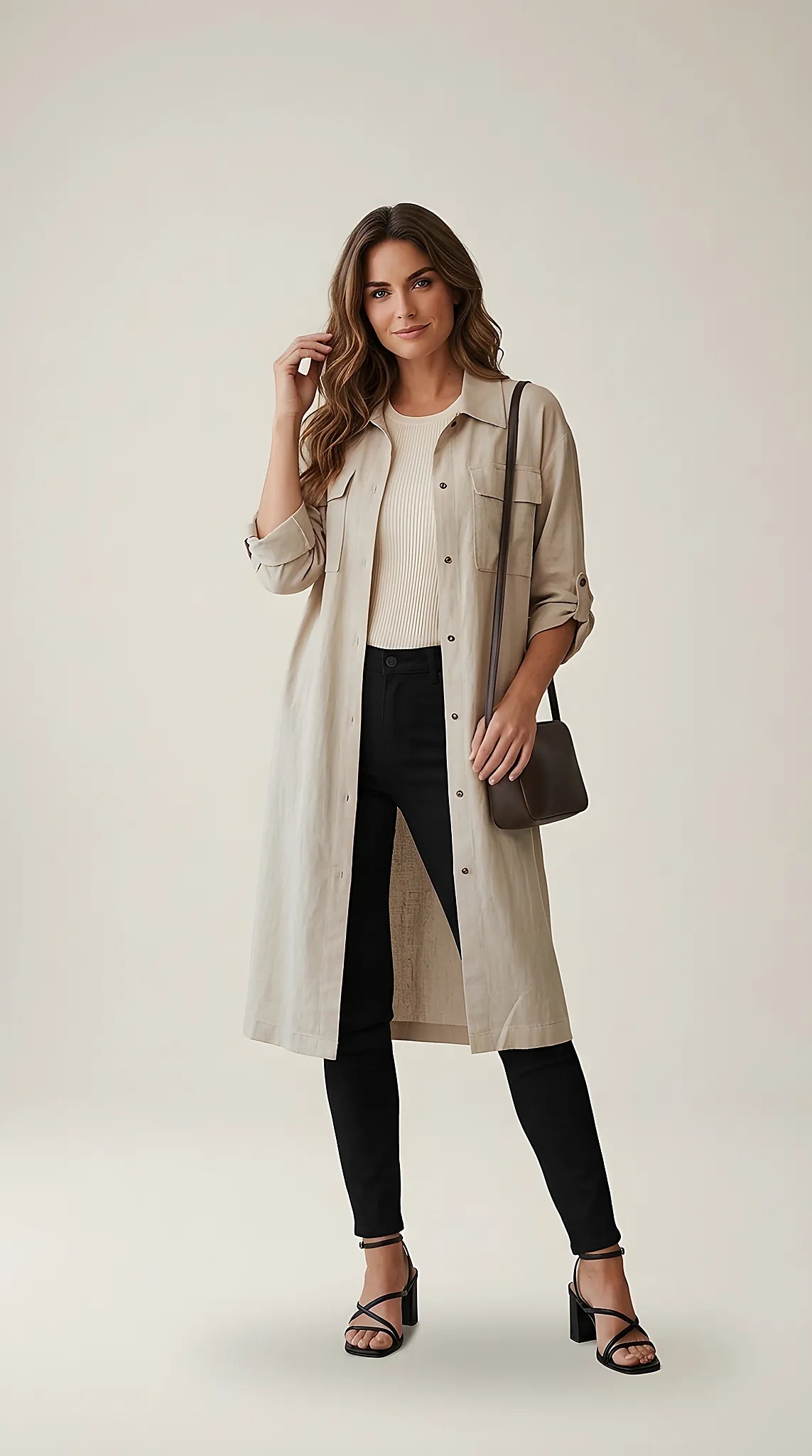 Cămașă lungă tip rochie de damă bej, stil trench lejer cu mâneci reglabile și buzunare, perfectă pentru ținute casual-elegante | Mira Style