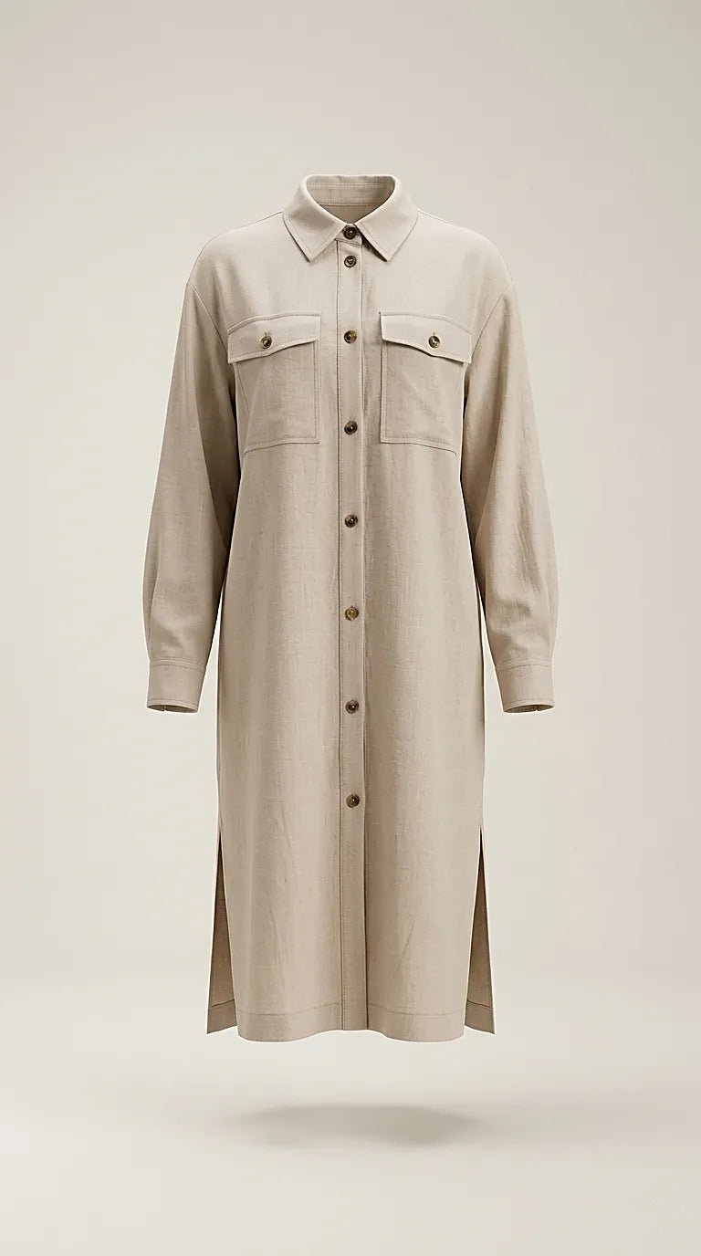 Cămașă lungă tip rochie de damă bej, stil trench lejer cu mâneci reglabile și buzunare, perfectă pentru ținute casual-elegante | Mira Style