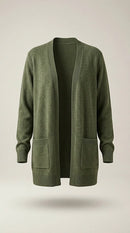 Cardigan de damă tricotat, verde oliv, cu buzunare aplicate și croială lejeră, stil casual-elegant
