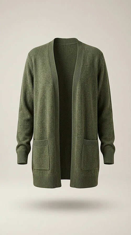 Cardigan de damă tricotat, verde oliv, cu buzunare aplicate și croială lejeră, stil casual-elegant