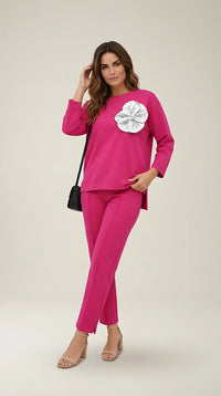 Compleu damă casual-elegant fuchsia din bumbac, format din bluză lejera si pantaloni drepti cu slit la glezna | Mira Style