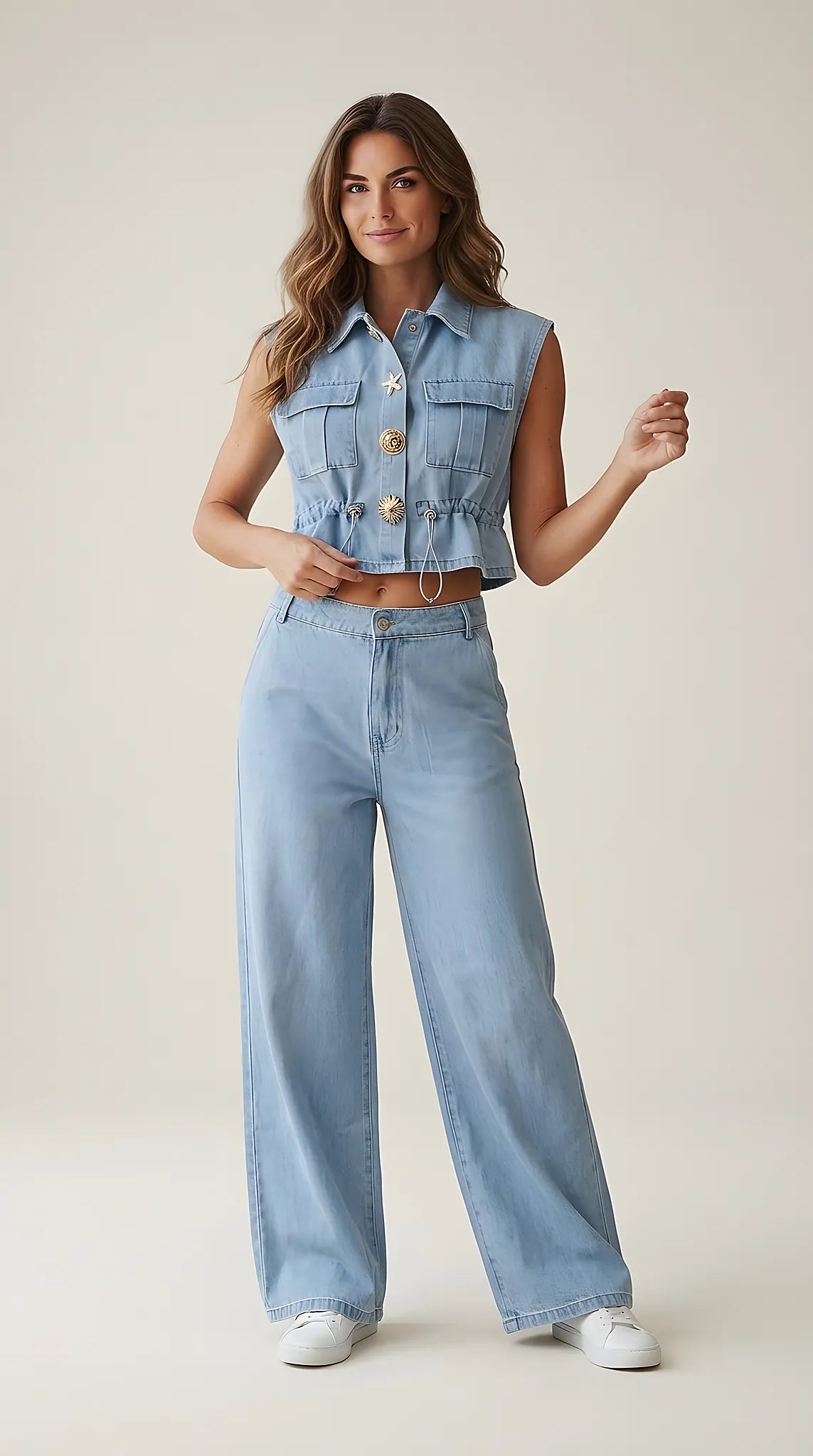Compleu damă din denim albastru deschis, format din vestă cropped cu nasturi decorativi și pantaloni largi tip wide-leg