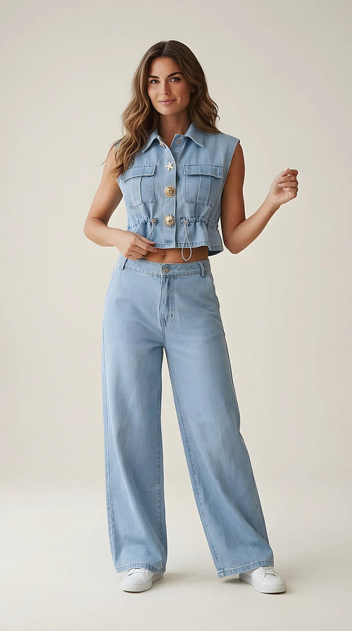 Compleu damă din denim albastru deschis, format din vestă cropped cu nasturi decorativi și pantaloni largi tip wide-leg