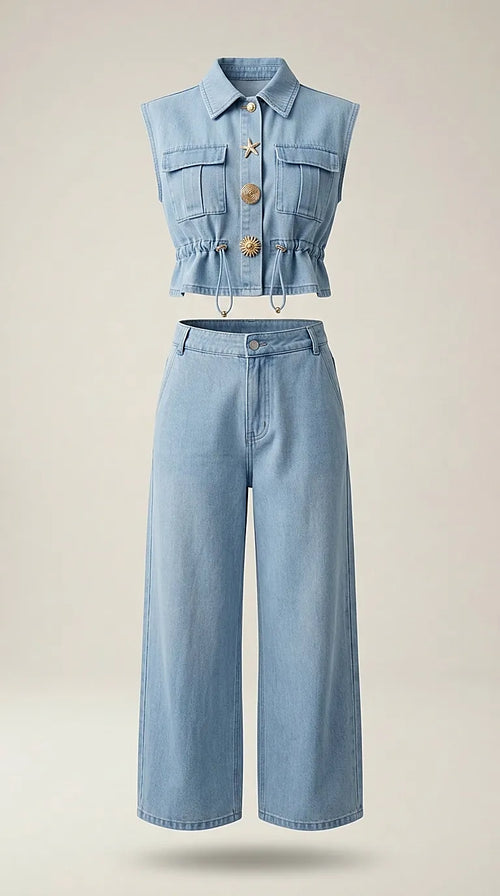 Compleu damă din denim albastru deschis, format din vestă cropped cu nasturi decorativi și pantaloni largi tip wide-leg