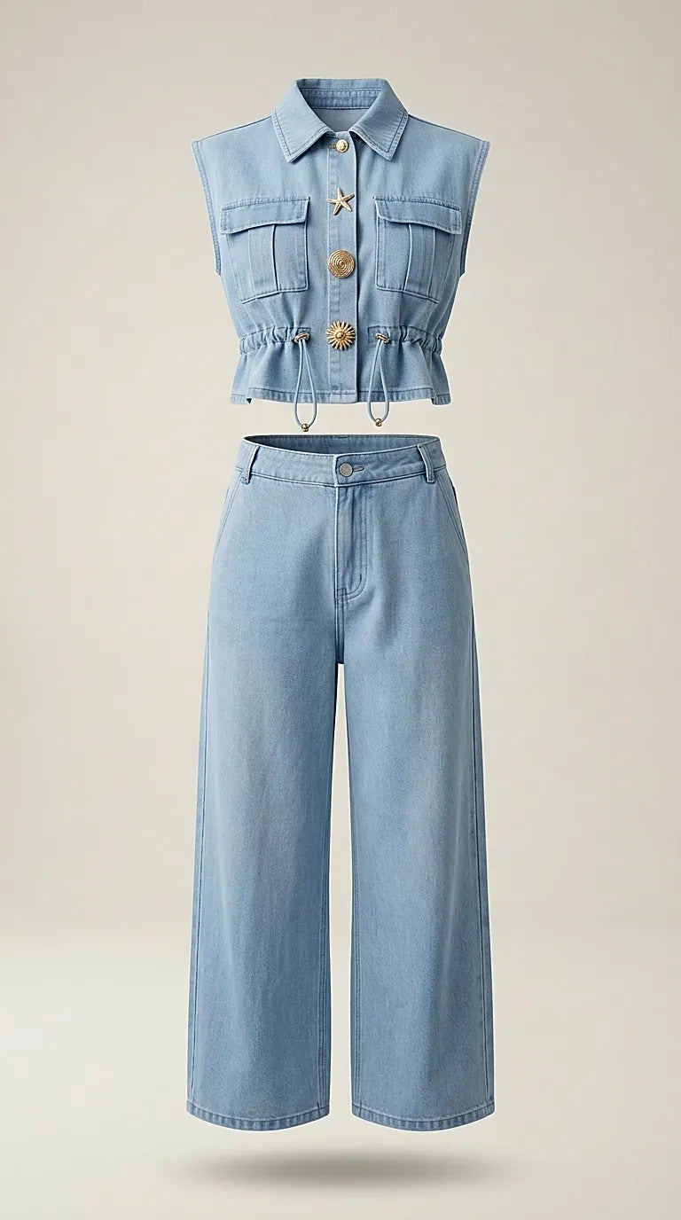 Compleu damă din denim albastru deschis, format din vestă cropped cu nasturi decorativi și pantaloni largi tip wide-leg
