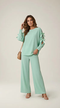 Compleu damă din două piese verde mentă, bluză cu decupaje și fundițe pe mâneci și pantaloni largi, stil casual-elegant | Mira Style