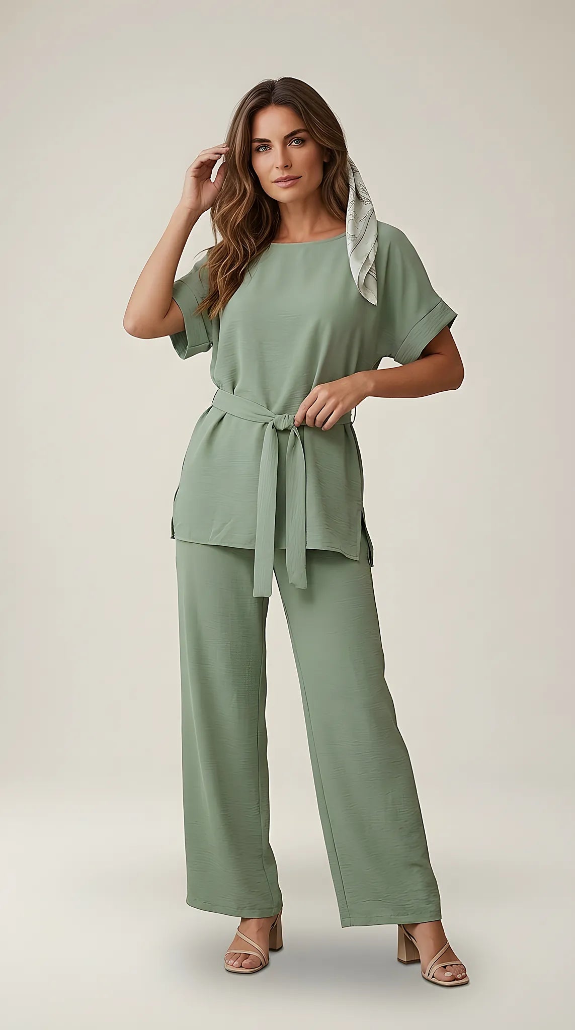 Compleu damă elegant din două piese, culoare verde salvie, cu bluză lejeră și pantaloni palazzo, ideal pentru ținute casual și de ocazie