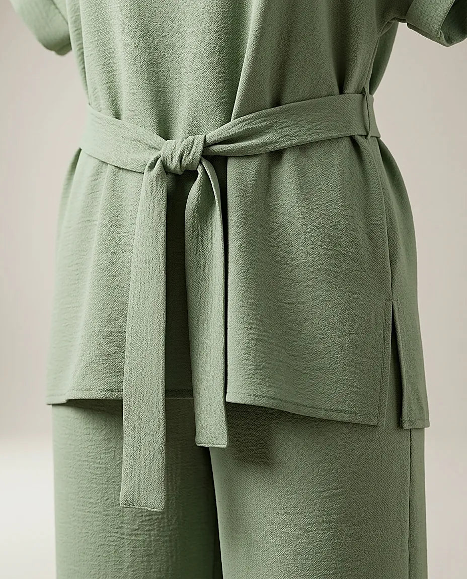 Compleu damă elegant din două piese, culoare verde salvie, cu bluză lejeră și pantaloni palazzo, ideal pentru ținute casual și de ocazie