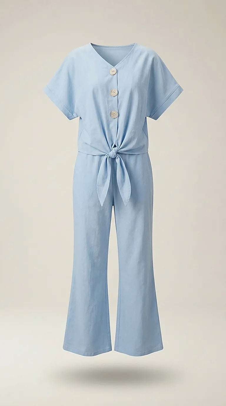 Compleu de damă din două piese baby blue, cu top cu nod în talie, nasturi decorativi și pantaloni evazați | Mira Style