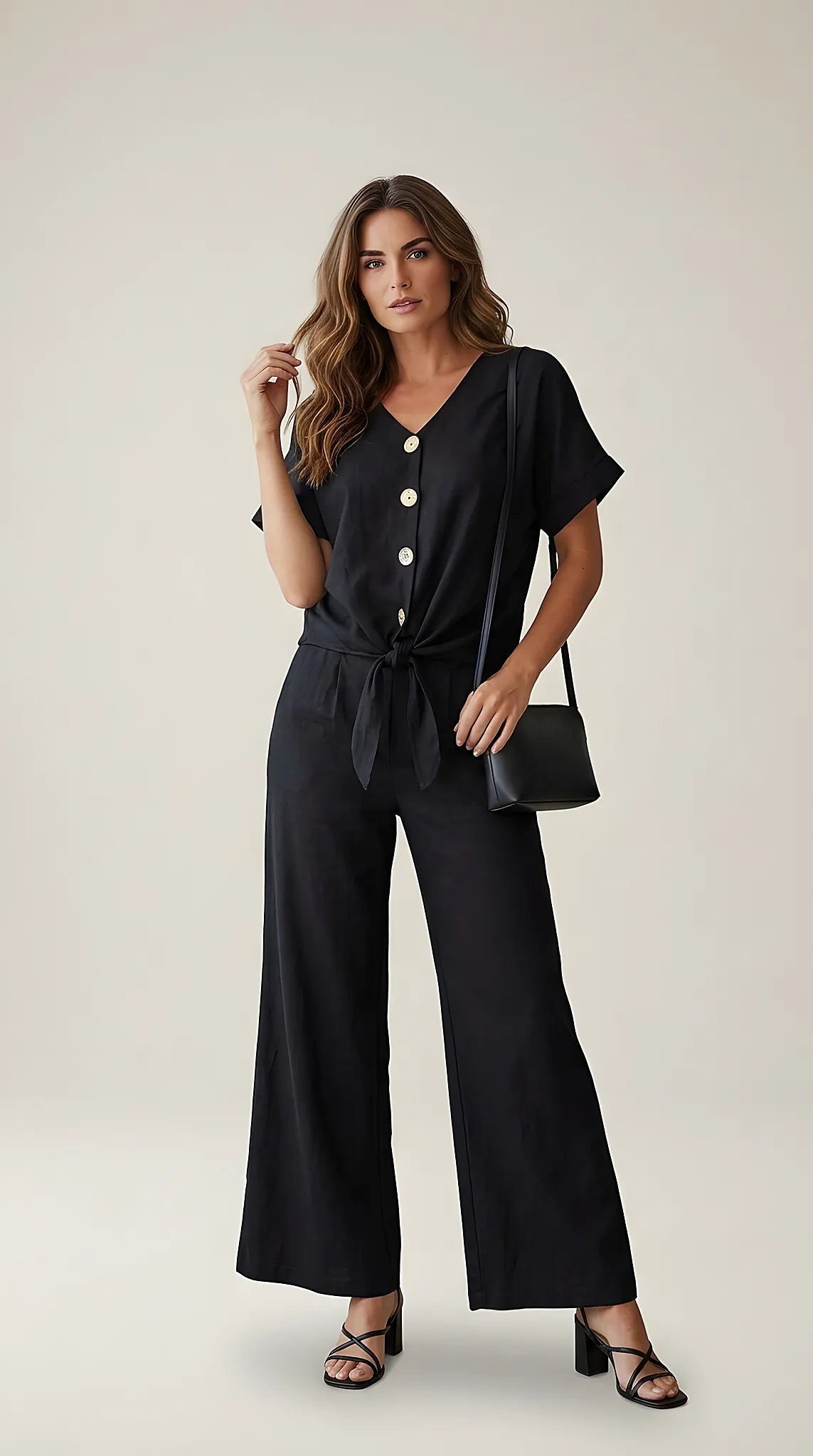 Compleu de damă din două piese, negru, cu bluză cu nod în talie, nasturi decorativi și pantaloni evazați | Mira Style