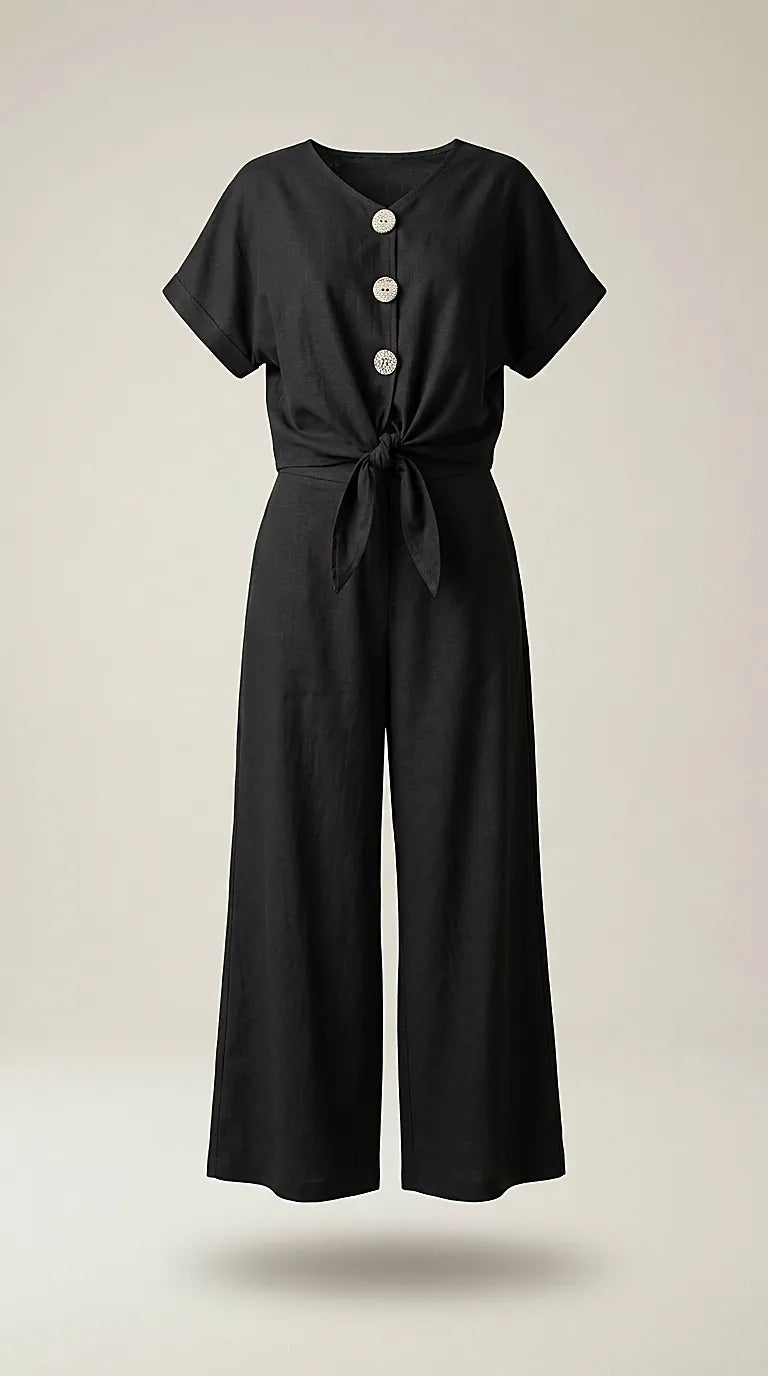 Compleu de damă din două piese, negru, cu bluză cu nod în talie, nasturi decorativi și pantaloni evazați | Mira Style