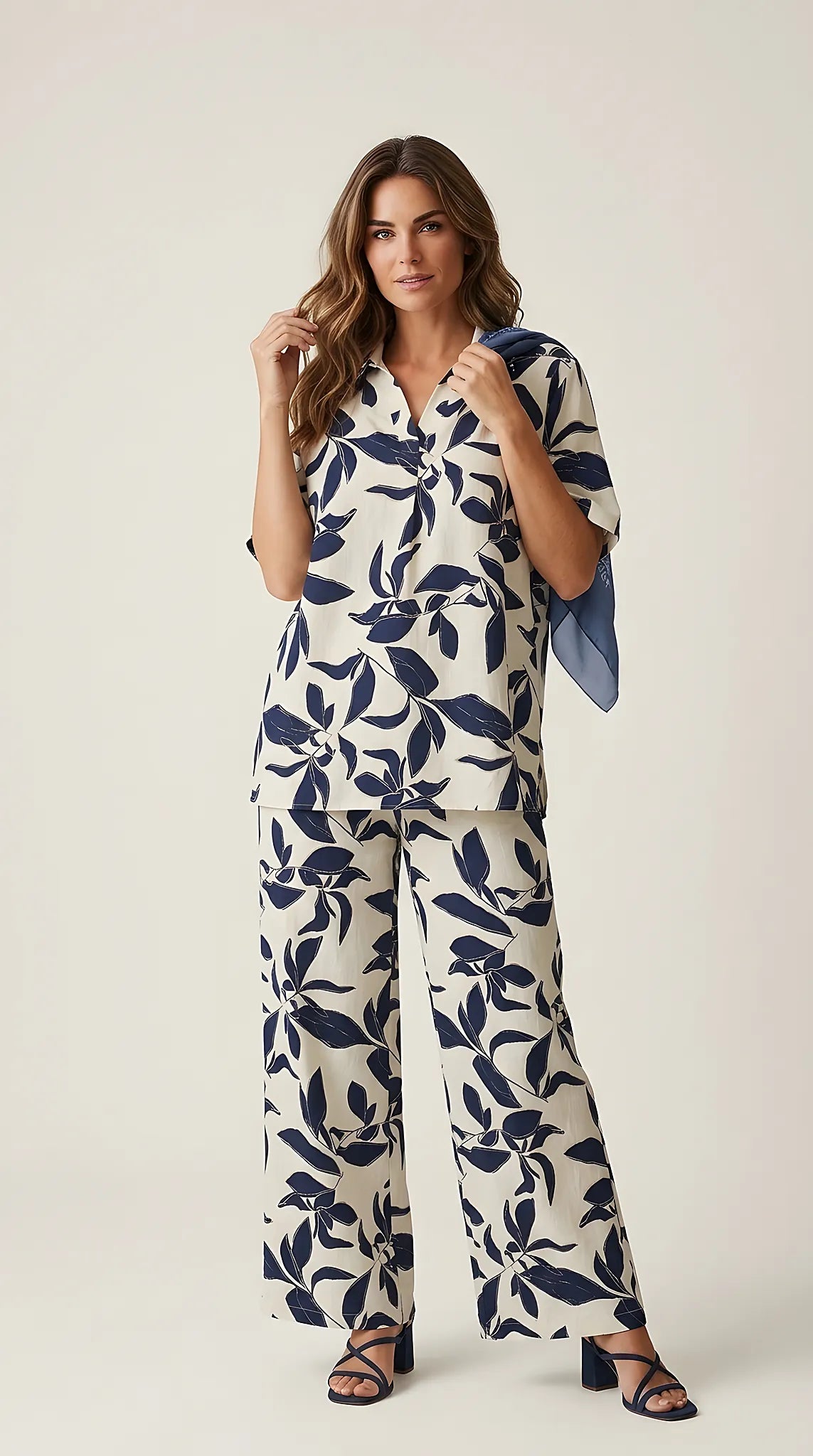 Compleu de damă două piese crem cu imprimeu botanic albastru, set cu pantaloni largi și bluză cu mânecă scurtă, ținută casual-elegantă de vară